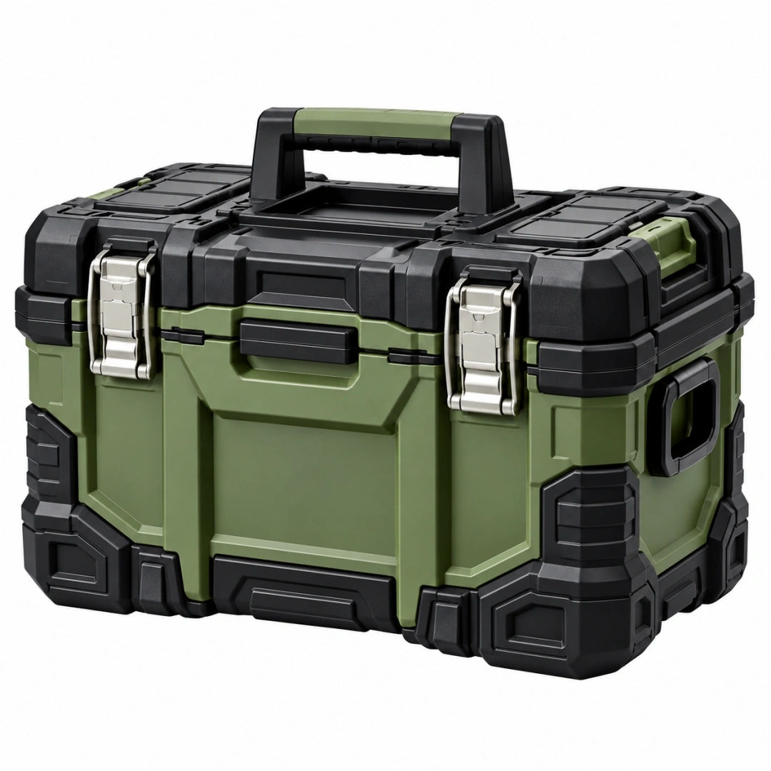 Caja de herramientas 50 x 30 x 30 cm de plástico verde y negro con cierres metálicos y asa de transporte