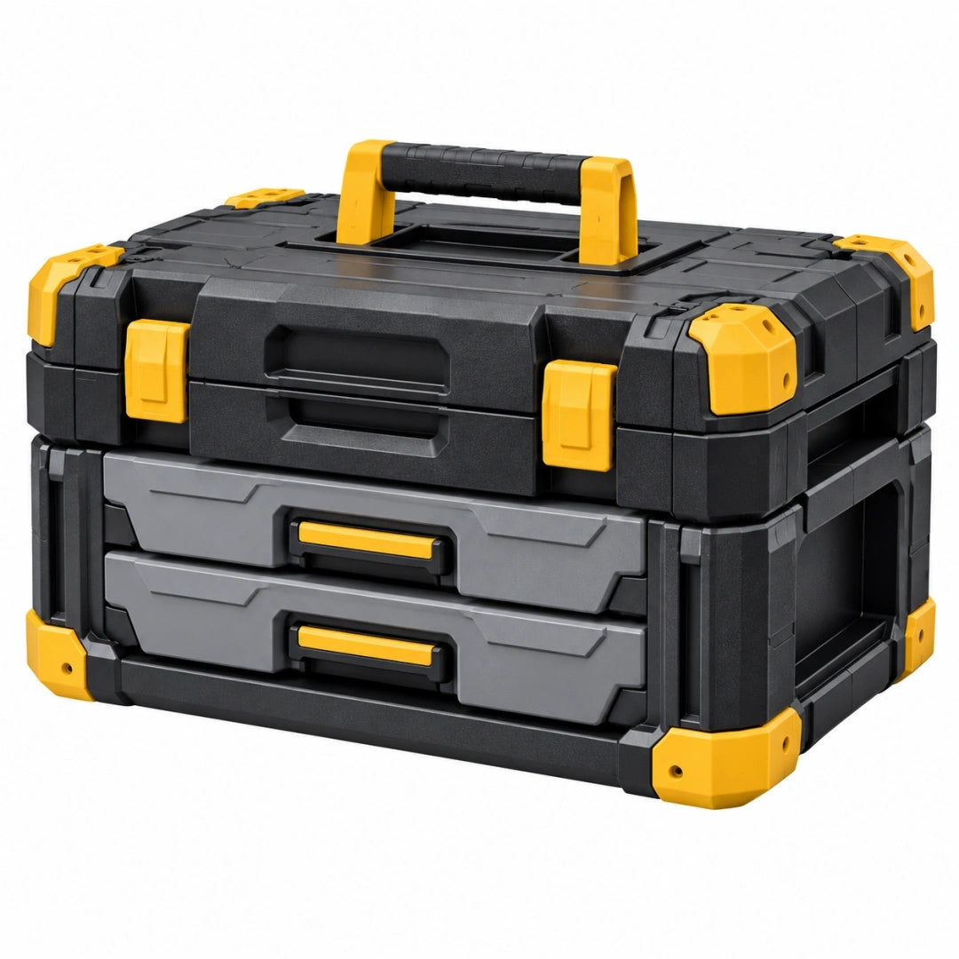 Caja de herramientas 50 x 30 x 32 cm de plástico negro gris y amarillo con 2 cajones