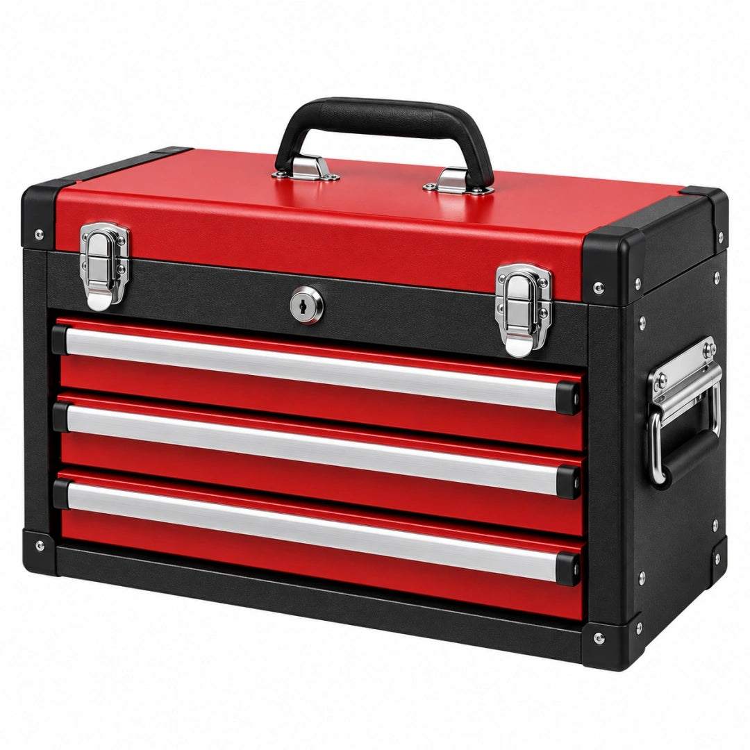 Caja de herramientas 50 x 25 x 30 cm de metal rojo y negro con 4 cajones y cierre