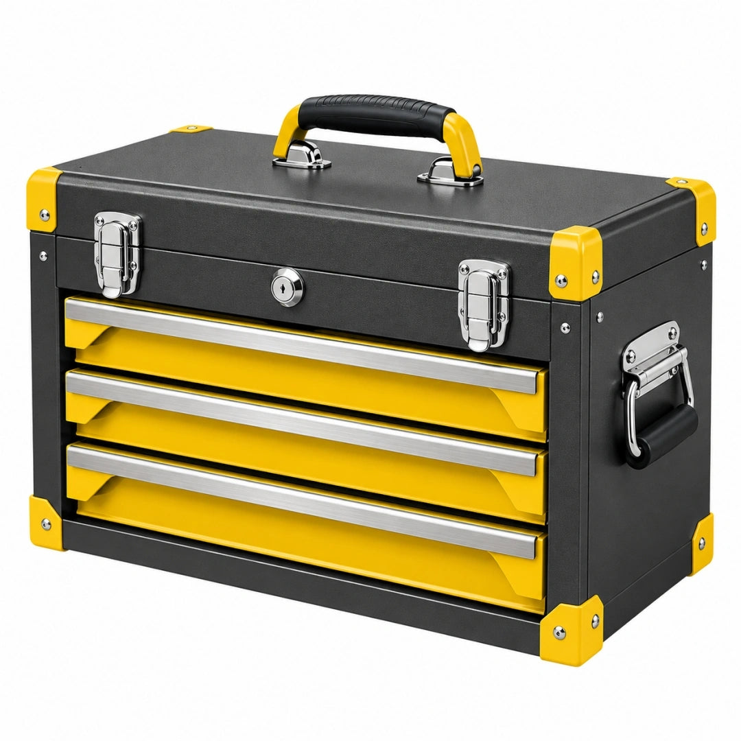 Caja de herramientas 40 x 25 x 30 cm de metal negro y amarillo con 3 cajones y cierre