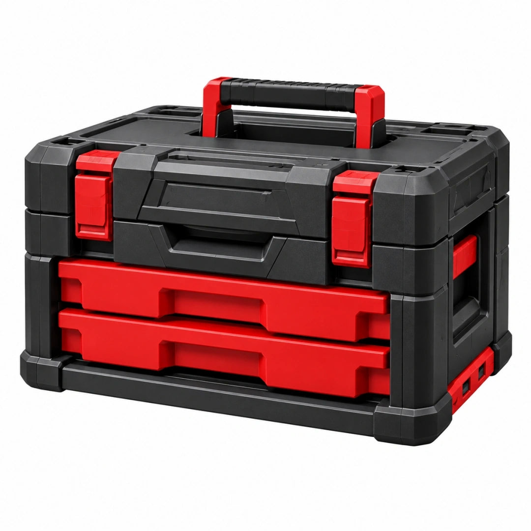 Caja de herramientas 50 x 28 x 30 cm de plástico negro y rojo con cajones