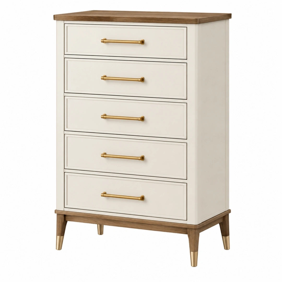Cómoda de 5 cajones 80 x 40 x 110 cm en madera beige y nogal estilo clásico