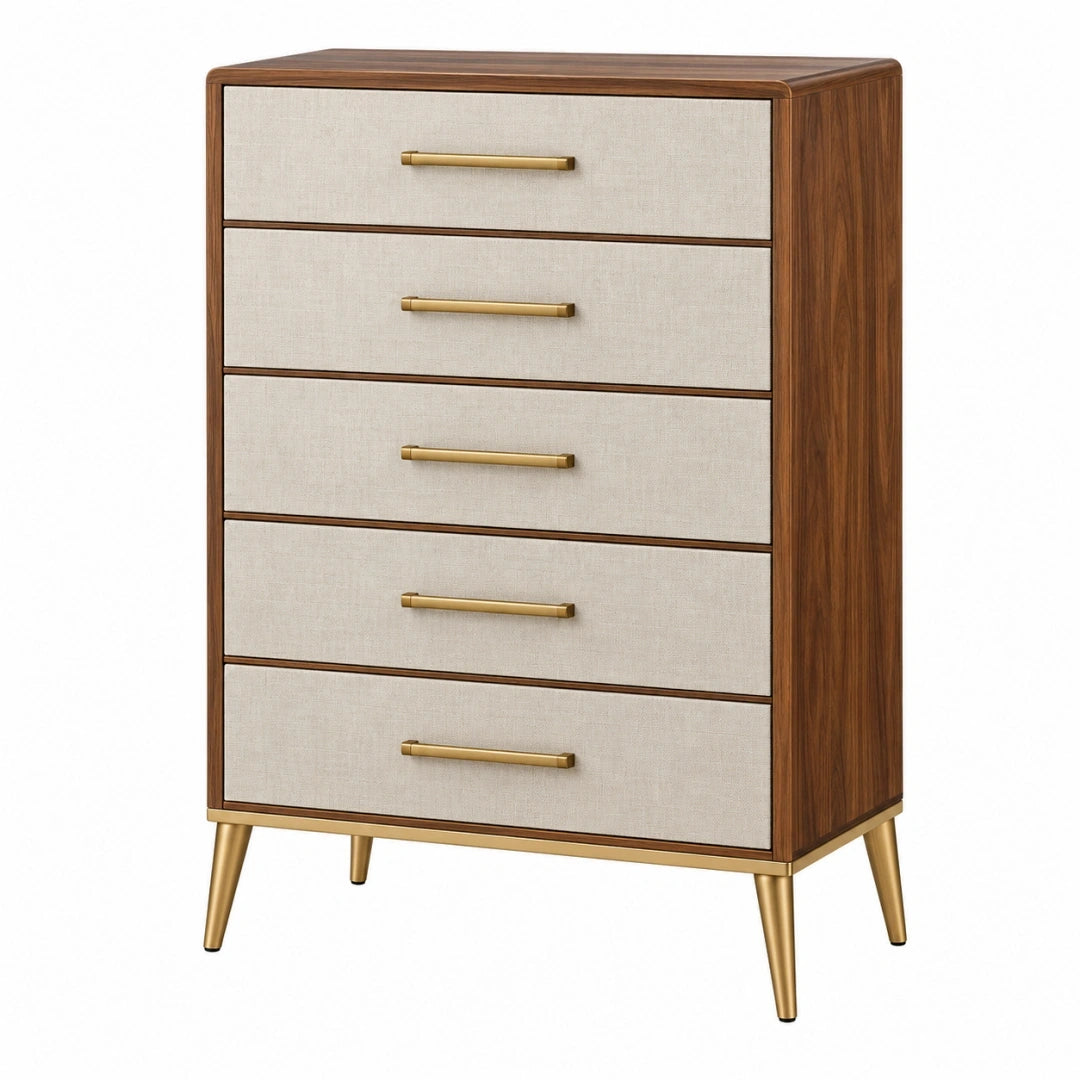 Cómoda 80 x 40 x 120 cm de madera nogal y beige con 5 cajones estilo moderno
