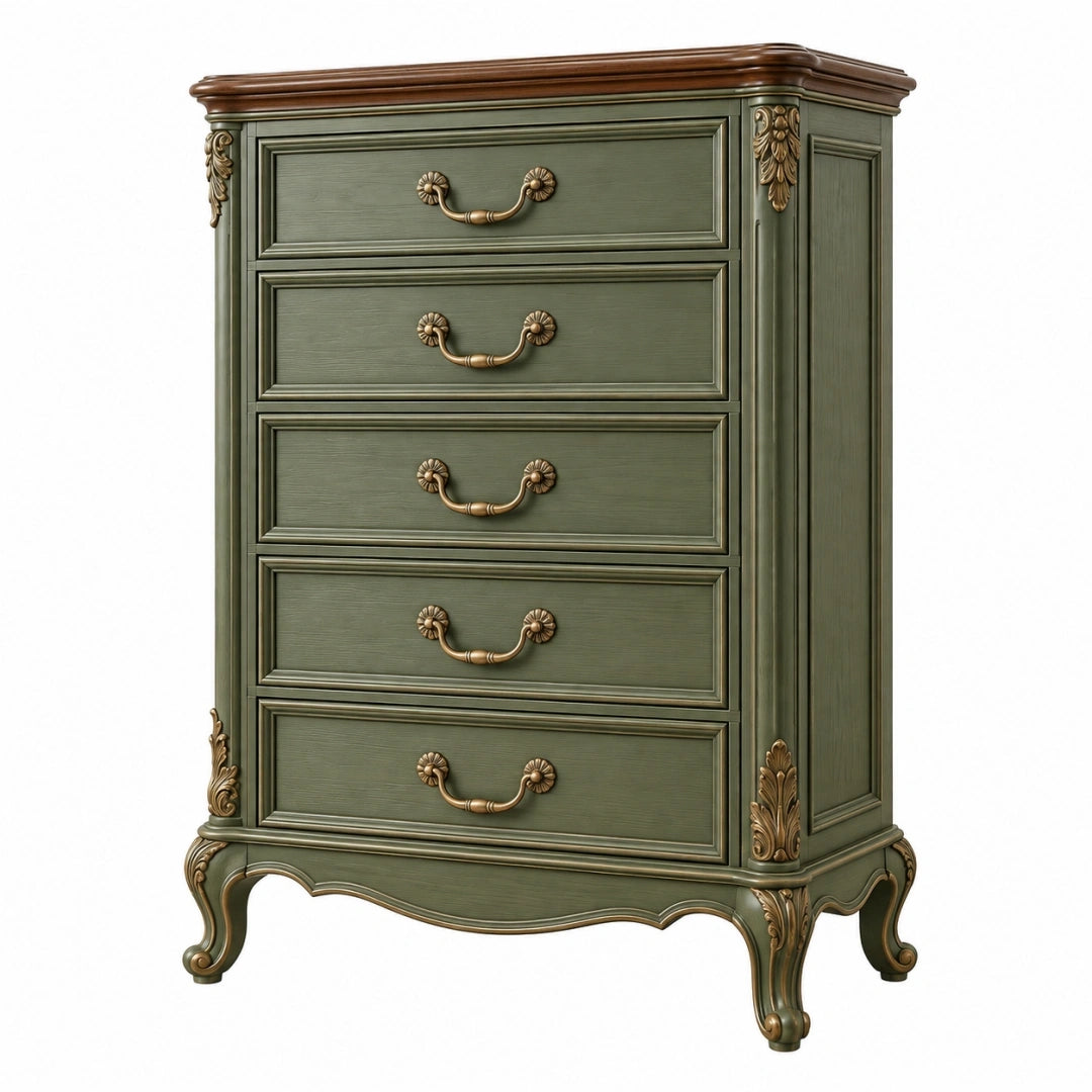 Cómoda de madera 85 x 45 x 130 cm verde oliva de 5 cajones estilo clásico