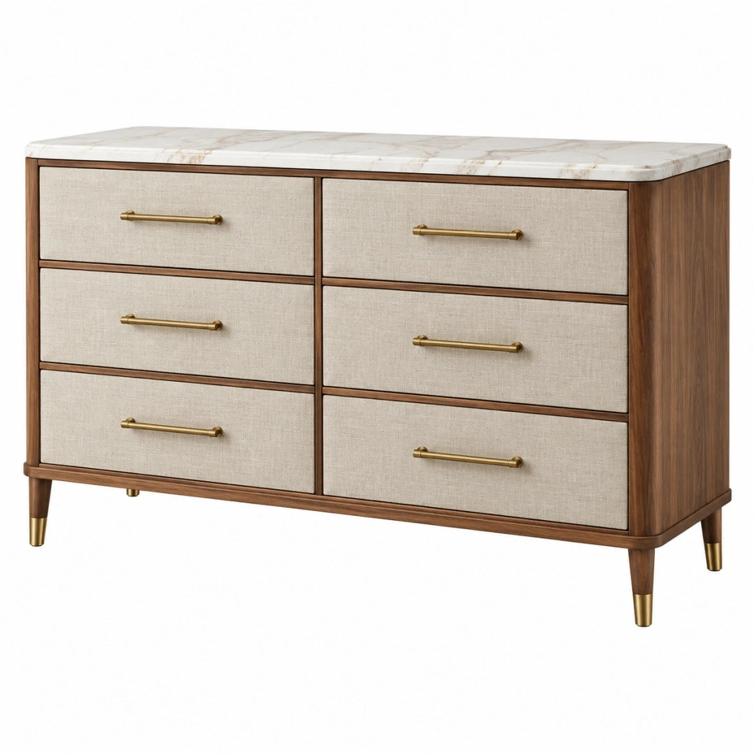 Cómoda 150 x 45 x 90 cm de madera marrón con 6 cajones beige y cubierta efecto mármol