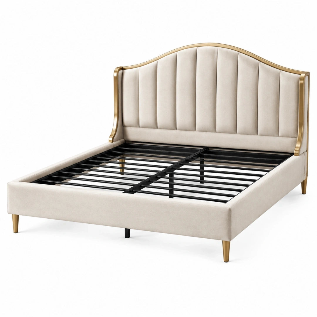 Cama 160 x 200 cm tapizada beige con estructura metálica dorada estilo clásico