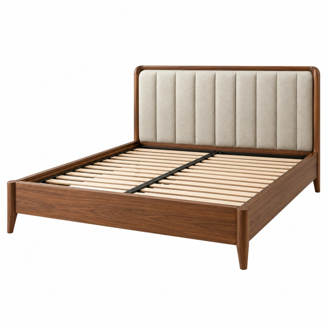 Cama 160 x 200 cm de madera color nogal con cabecero tapizado beige - estilo contemporáneo