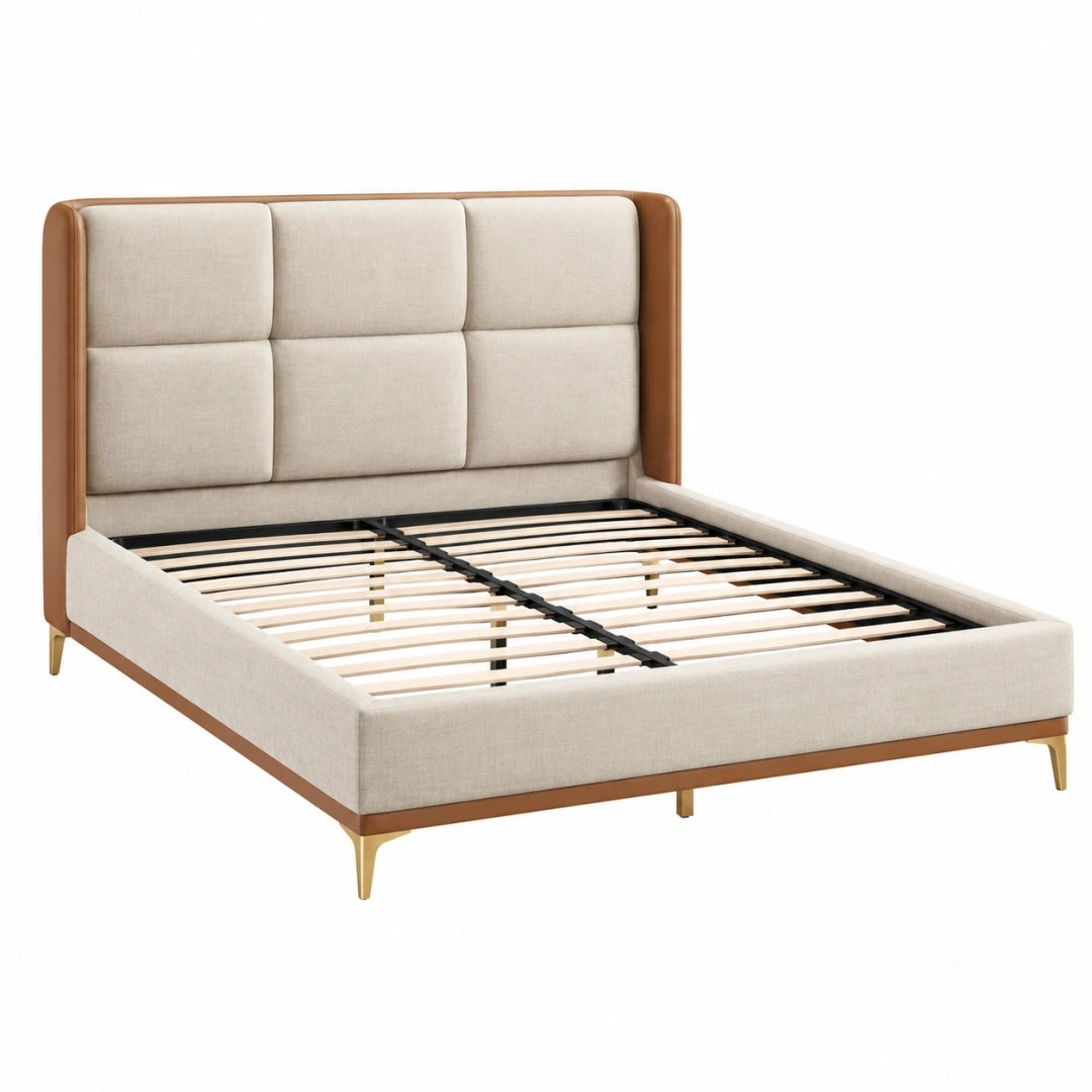 Cama doble 160 x 200 cm tapizada beige con madera marrón y somier de láminas