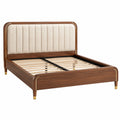 Cama doble 160 x 200 cm de madera marrón con cabecero tapizado beige y somier de lamas