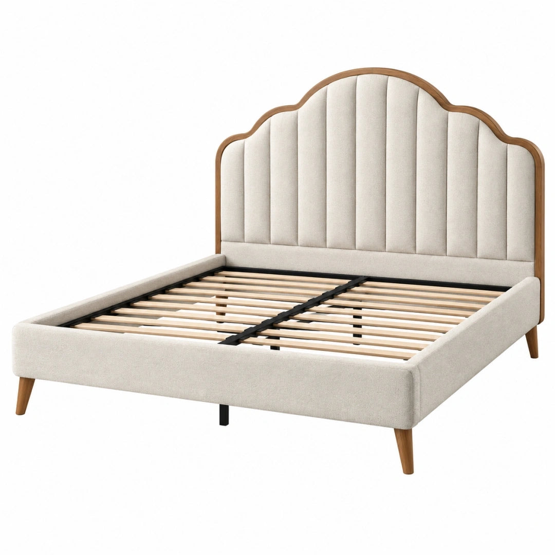 Cama 160 x 200 cm tapizada beige con cabecero de madera y somier de láminas