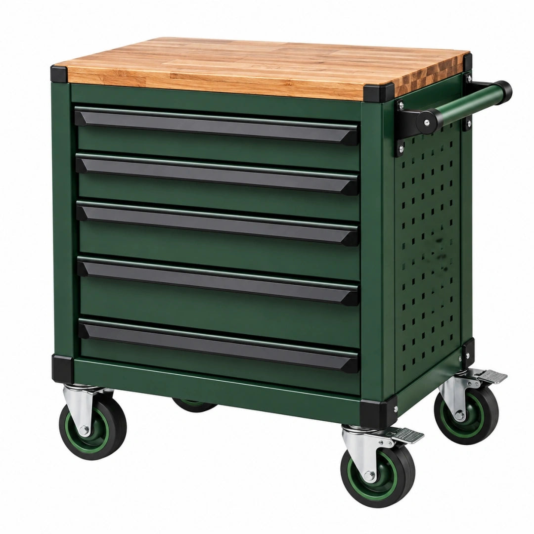 Carro de herramientas 80 x 50 x 95 cm de acero verde con encimera de madera y 5 cajones móvil