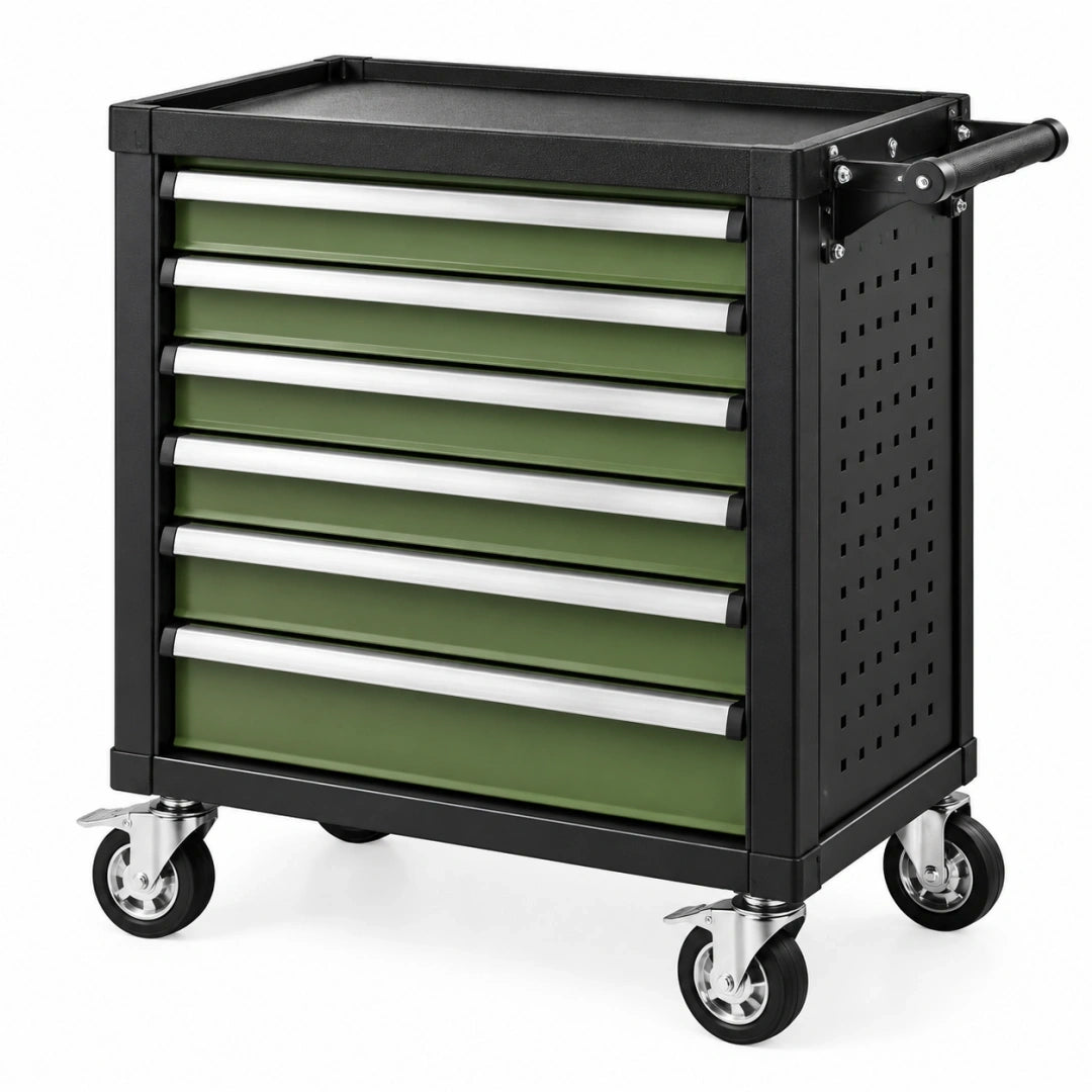 Carro de herramientas 77 x 46 x 95 cm de acero verde y negro con 7 cajones y ruedas