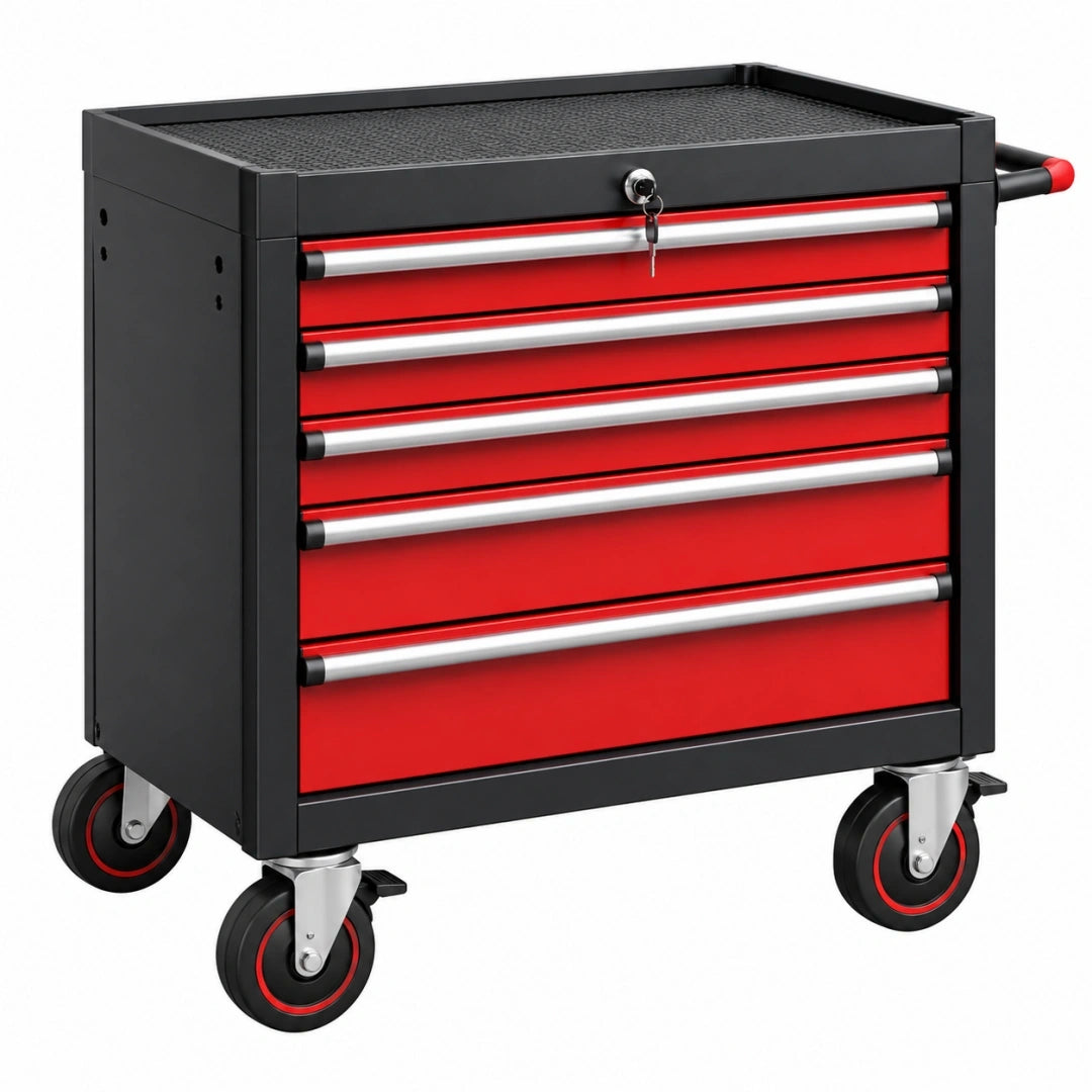 Carro portaherramientas 76 x 46 x 97 cm de acero negro y rojo con 5 cajones y ruedas