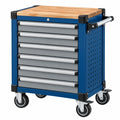 Carro de herramientas 77 x 46 x 97 cm de acero azul con encimera de madera y 7 cajones móvil