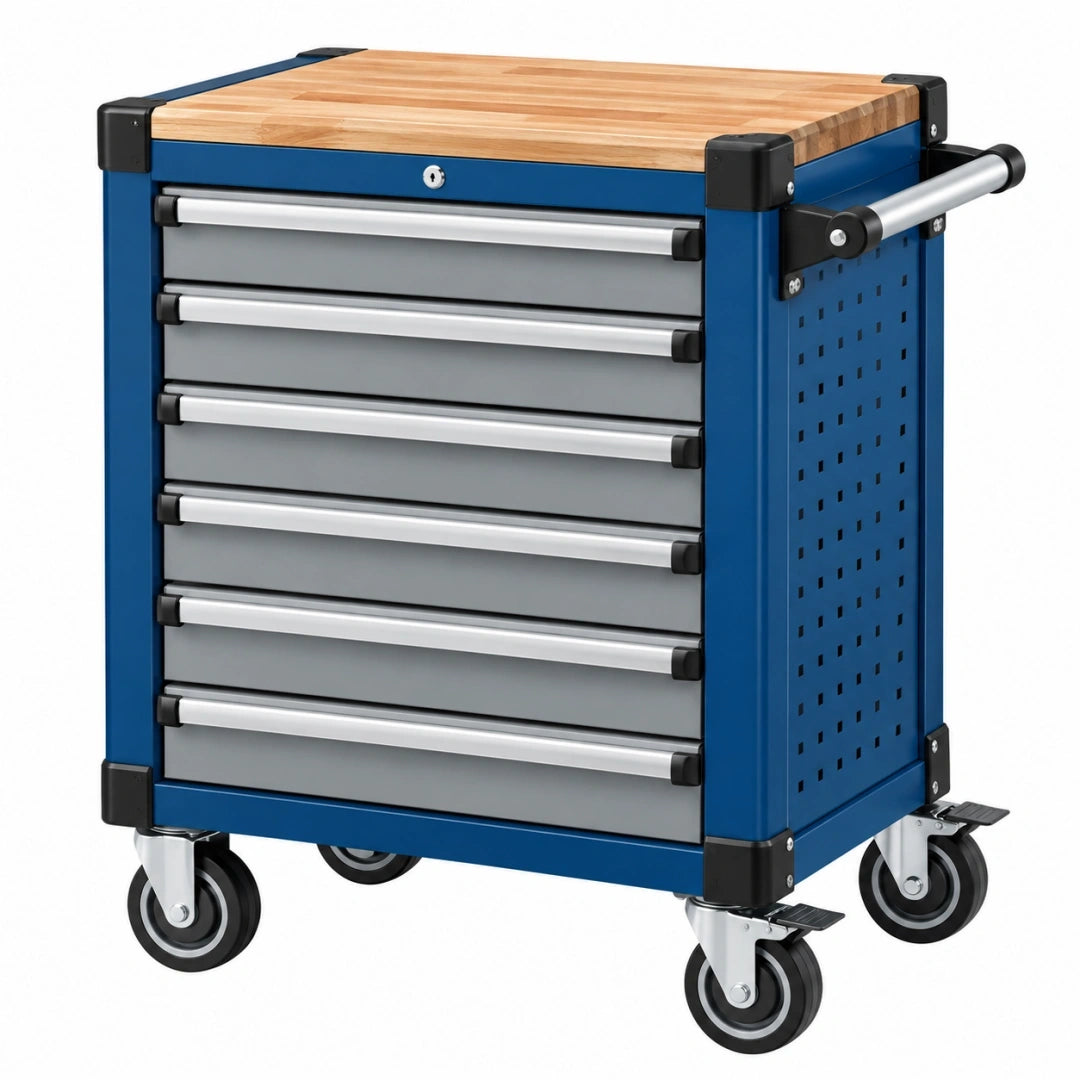Carro de herramientas 77 x 46 x 97 cm de acero azul con encimera de madera y 7 cajones móvil