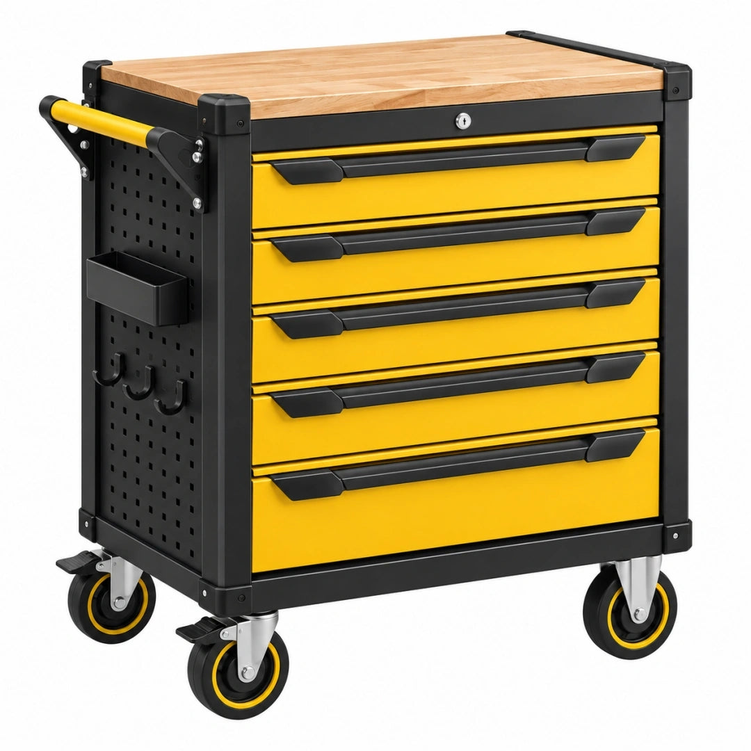 Carro de herramientas 80 x 50 x 90 cm de acero y madera amarillo y negro con 5 cajones