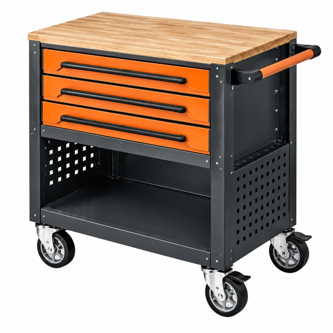 Carro de herramientas 85 x 46 x 96 cm de acero negro y naranja con encimera de madera y 4 cajones