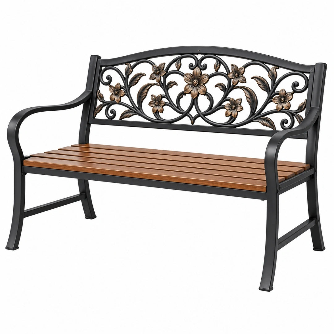 Banco de jardín 122 cm de metal y madera marrón y negro con respaldo floral
