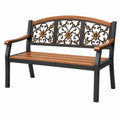 Banco de jardín 122 cm de metal y madera marrón negro con respaldo floral