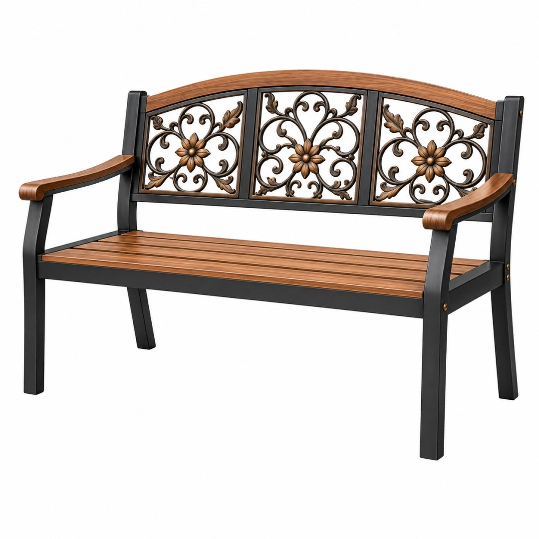 Banco de jardín 122 cm de metal y madera marrón negro con respaldo floral