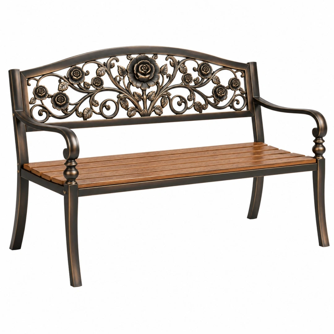 Banco de jardín 122 x 62 x 90 cm de metal y madera marrón con respaldo floral clásico