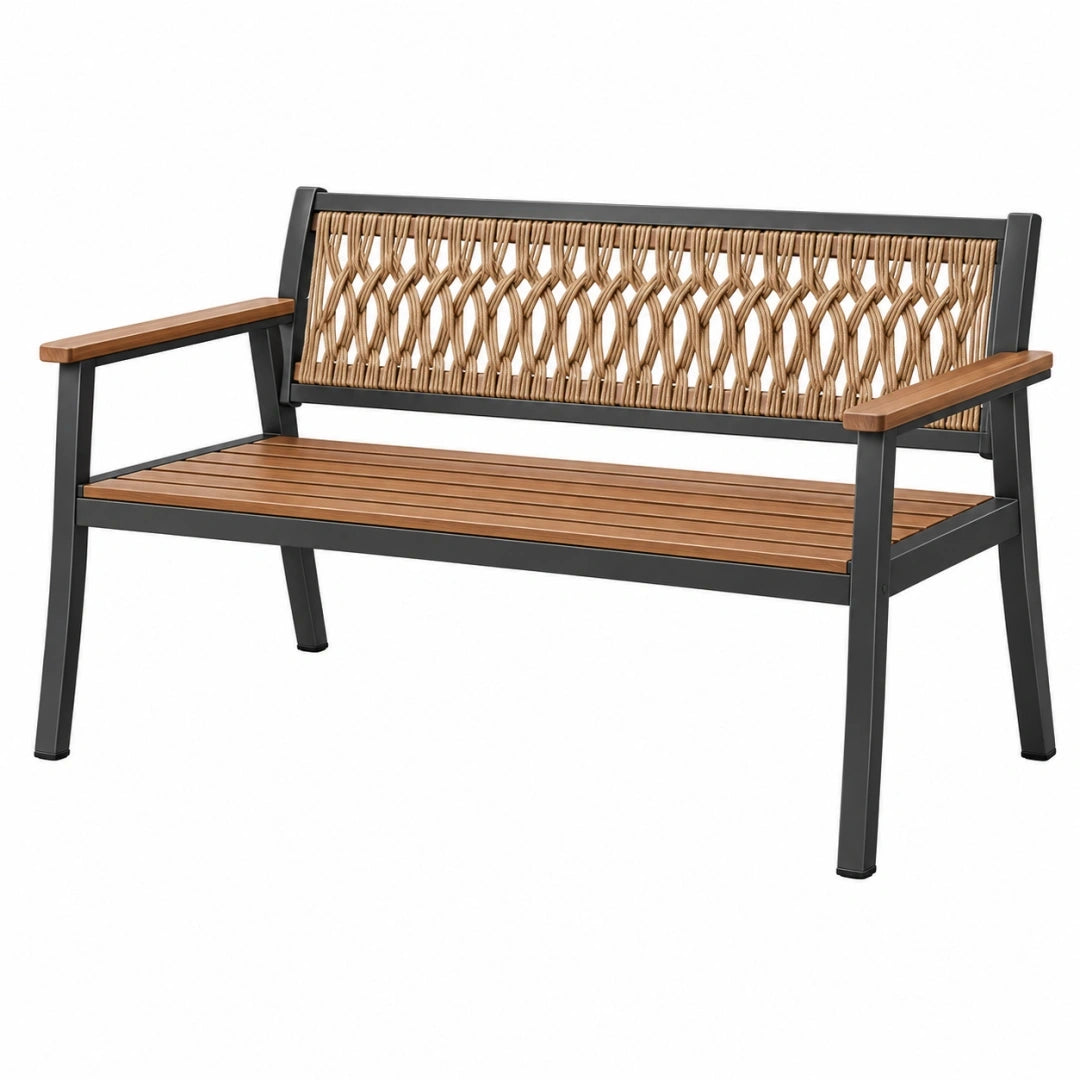 Banco de jardín 122 x 61 x 89 cm de metal madera y fibra trenzada marrón negro - asiento exterior moderno