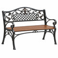 Banco de jardín 125 x 62 x 100 cm de metal y madera marrón negro con respaldo ornamental