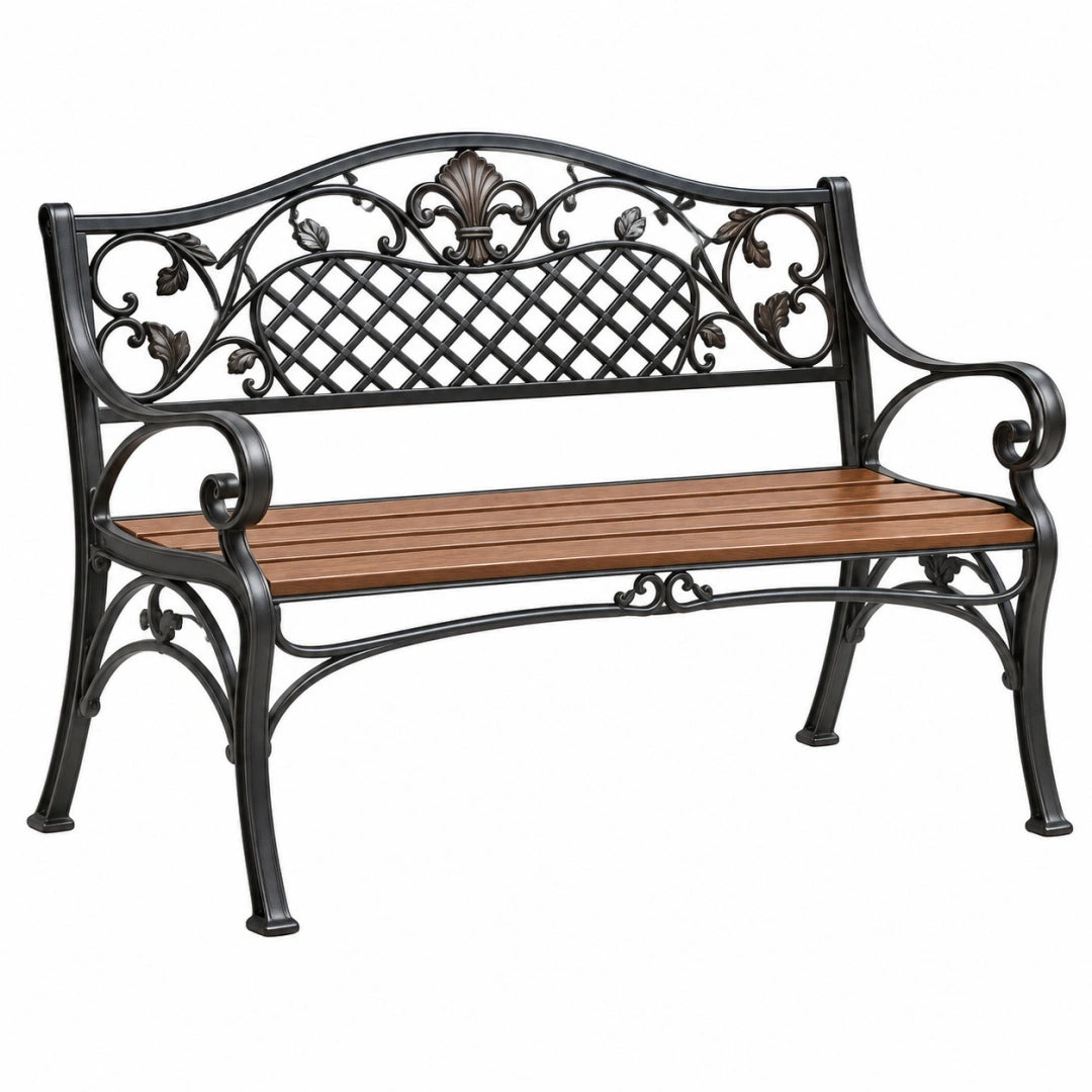Banco de jardín 125 x 62 x 100 cm de metal y madera marrón negro con respaldo ornamental