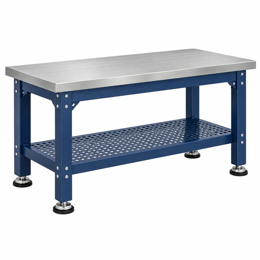 Banco de trabajo 152 x 76 x 86 cm de acero inoxidable y metal azul con estante perforado