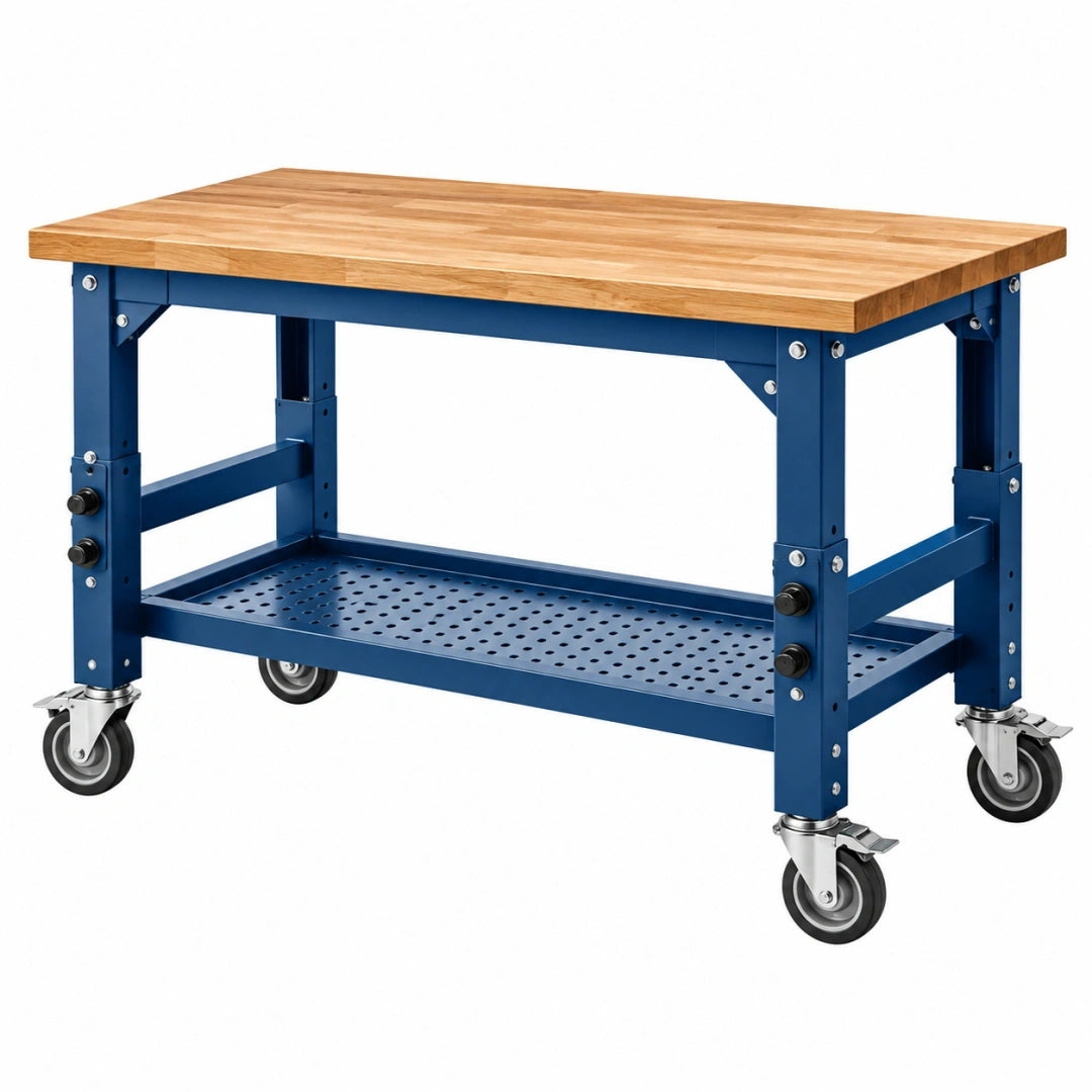 Banco de trabajo 120 x 60 x 90 cm de madera y acero azul con ruedas y altura ajustable
