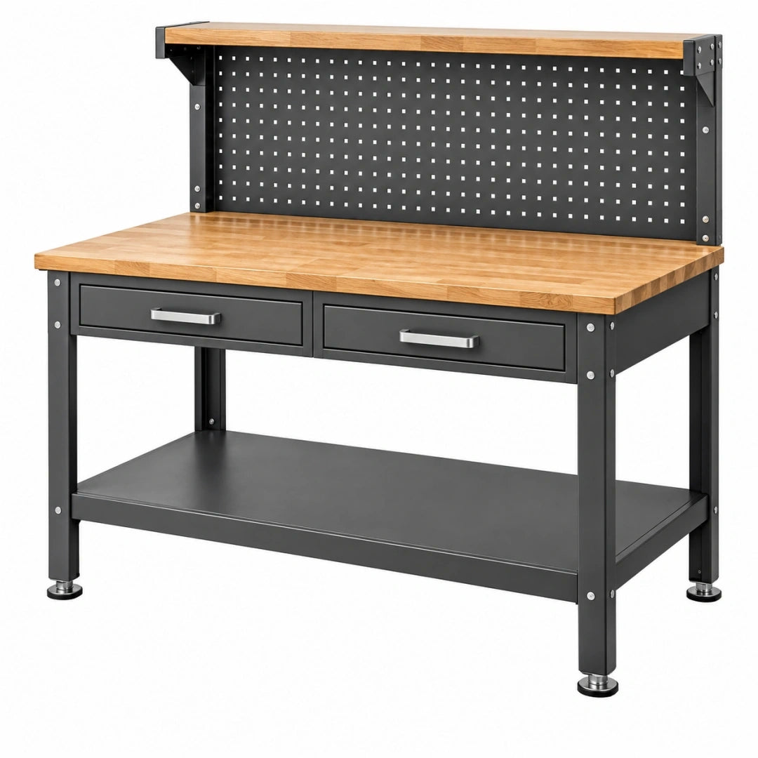 Banco de trabajo 120 x 60 x 155 cm de acero negro y madera para taller con panel perforado y cajones