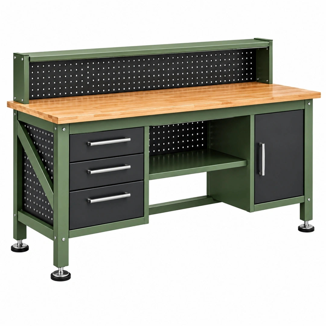 Banco de trabajo 160 x 60 x 150 cm de acero verde y madera con almacenaje para taller