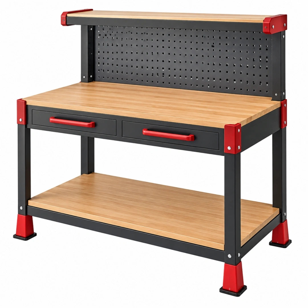 Banco de trabajo 120 x 60 x 150 cm de acero y madera negro rojo con panel perforado y cajones