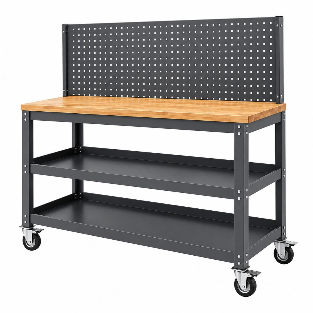 Banco de trabajo móvil 120 x 60 x 150 cm de acero negro y madera con panel perforado