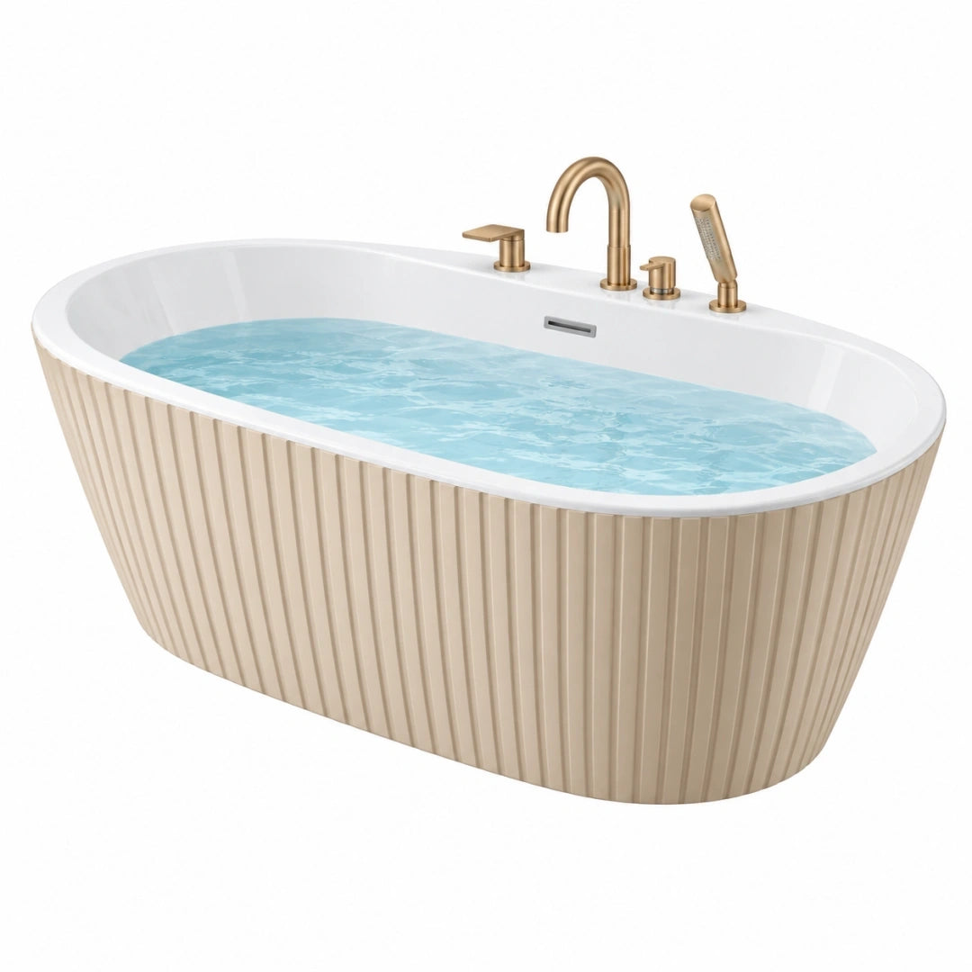 Bañera exenta 170 x 75 x 58 cm de acrílico blanco con grifería dorada estilo contemporáneo