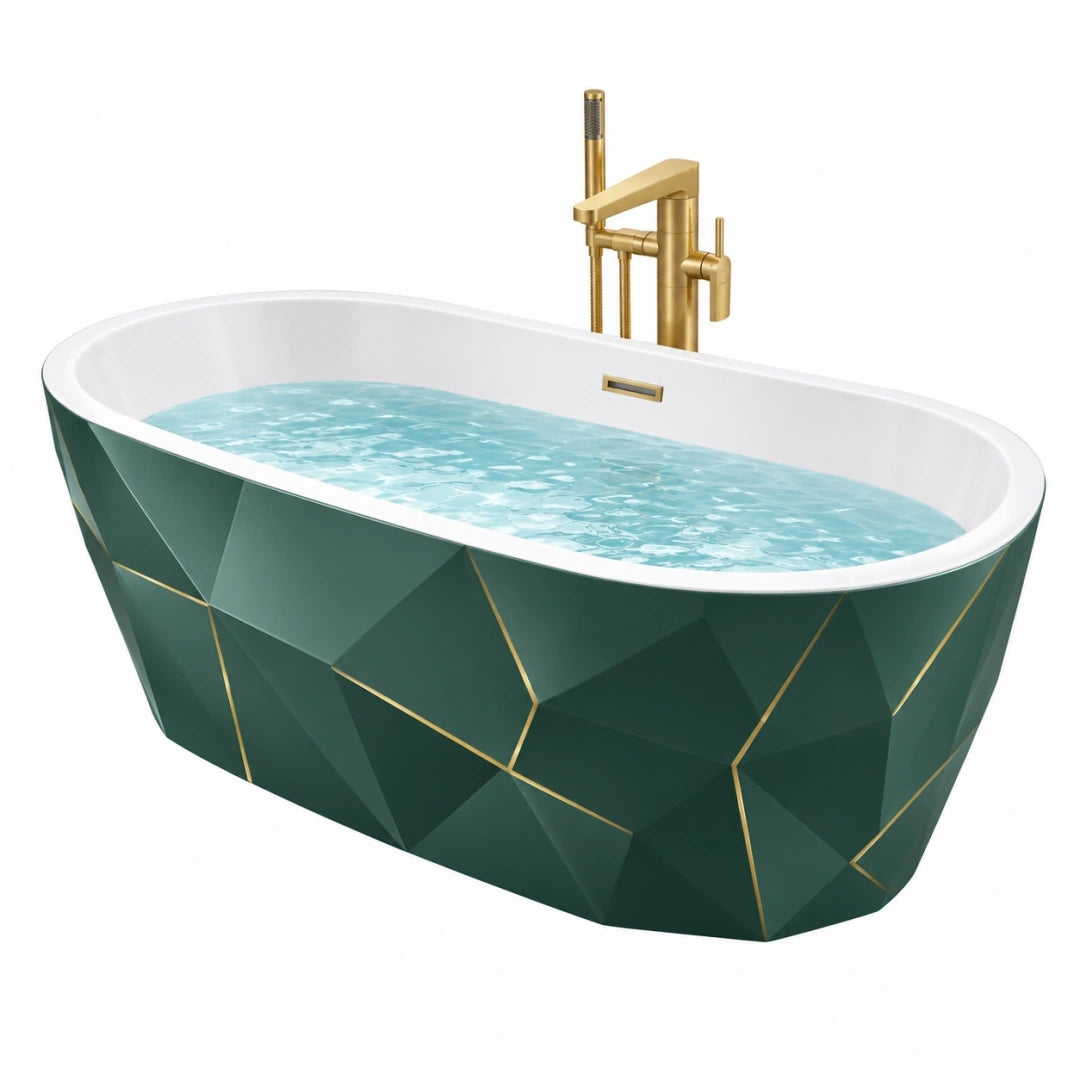 Bañera exenta 170 x 75 cm de acrílico verde oscuro y blanco con diseño geométrico