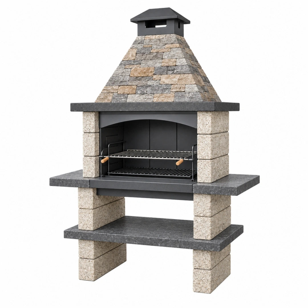 Barbacoa de obra 90 x 70 x 190 cm de piedra y acero gris para exterior con parrilla regulable