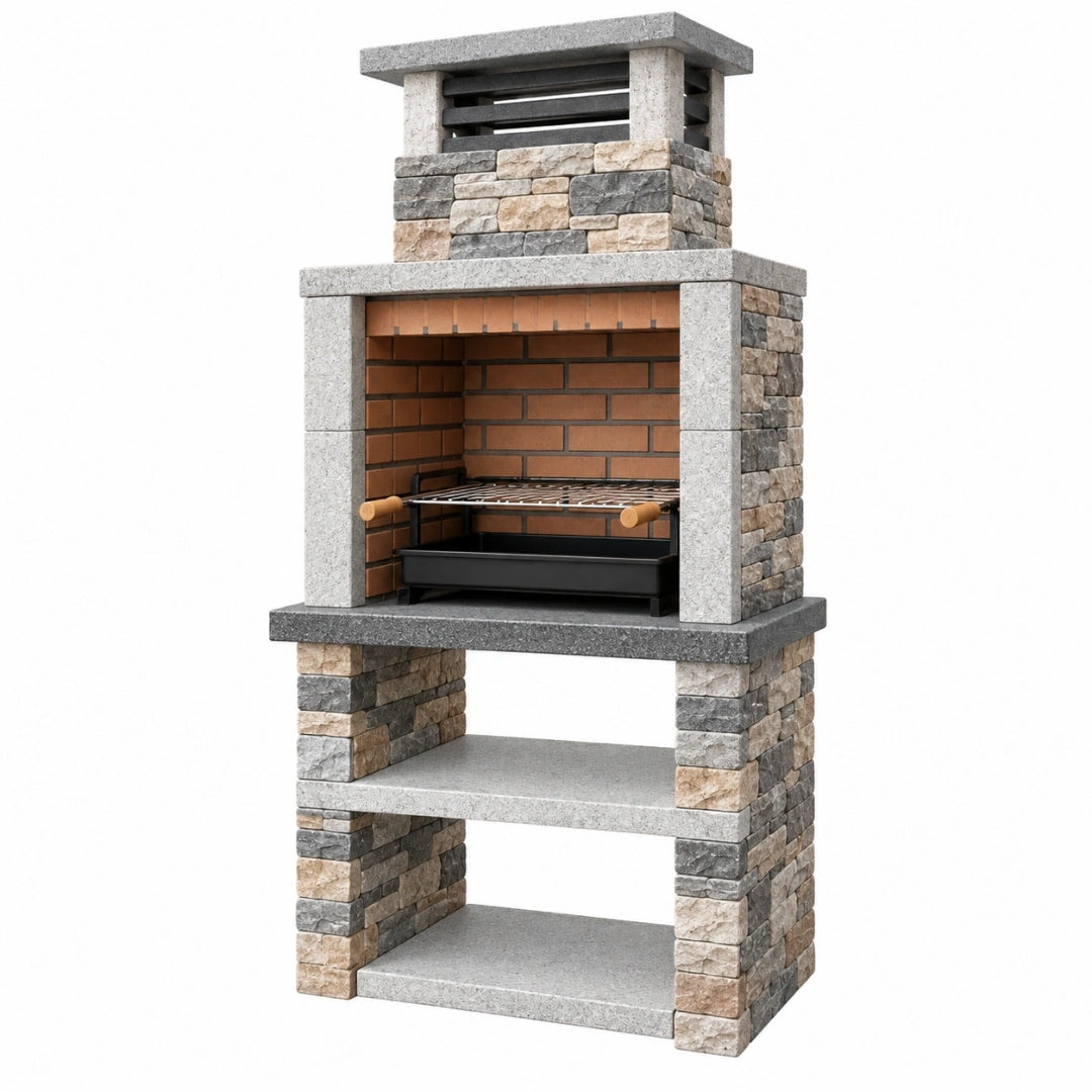 Barbacoa de obra 90 x 60 x 220 cm de piedra gris y beige con parrilla para carbón estilo rústico