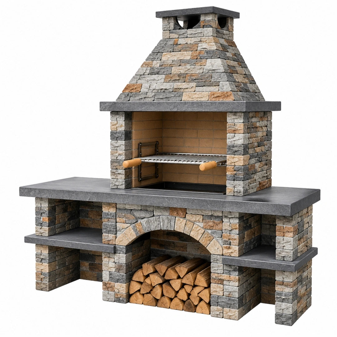 Barbacoa de obra 180 x 80 x 240 cm de piedra gris para carbón estilo rústico