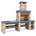 Barbacoa de obra 220 x 70 x 220 cm de piedra gris y beige con chimenea y encimera