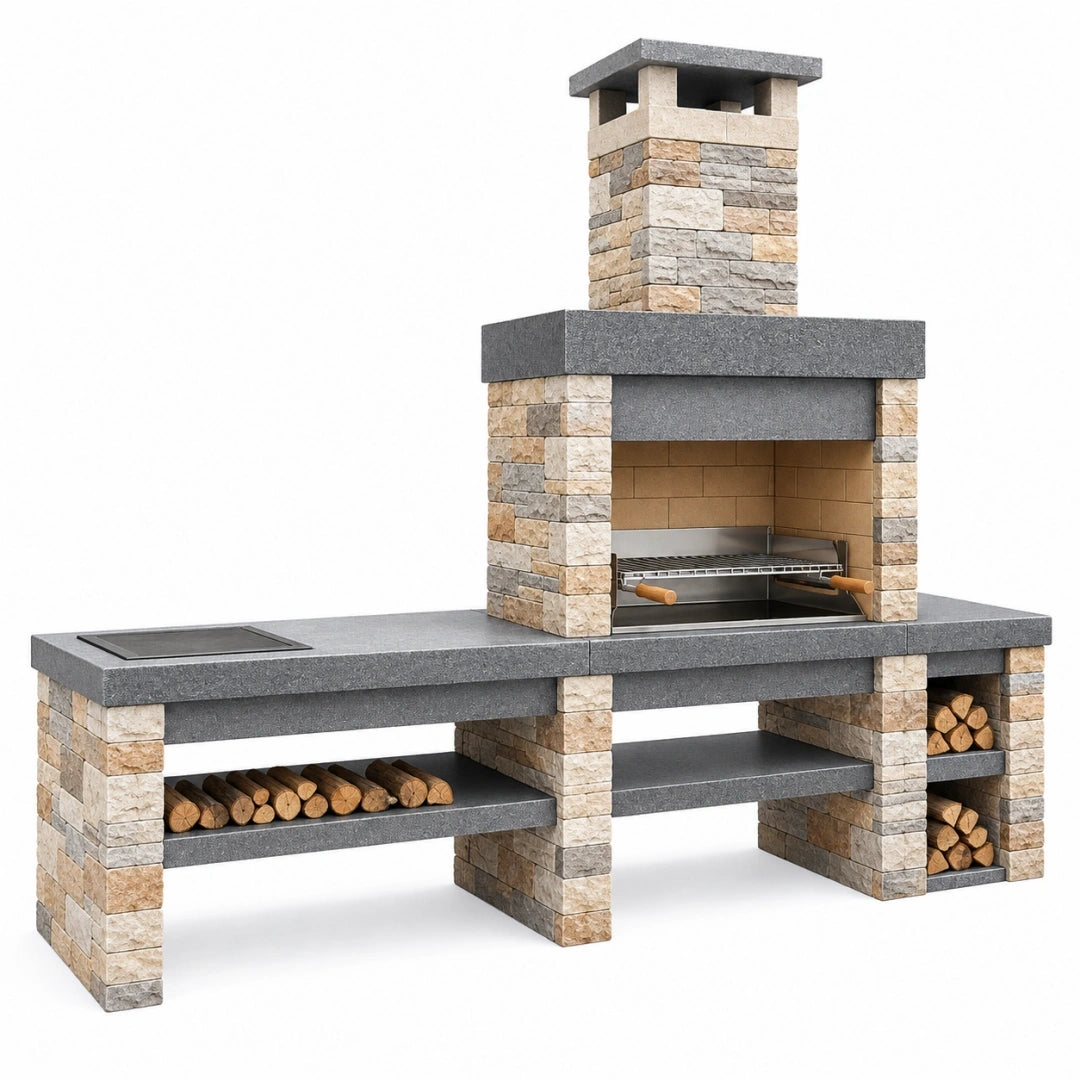 Barbacoa de obra 220 x 70 x 220 cm de piedra gris y beige con chimenea y encimera